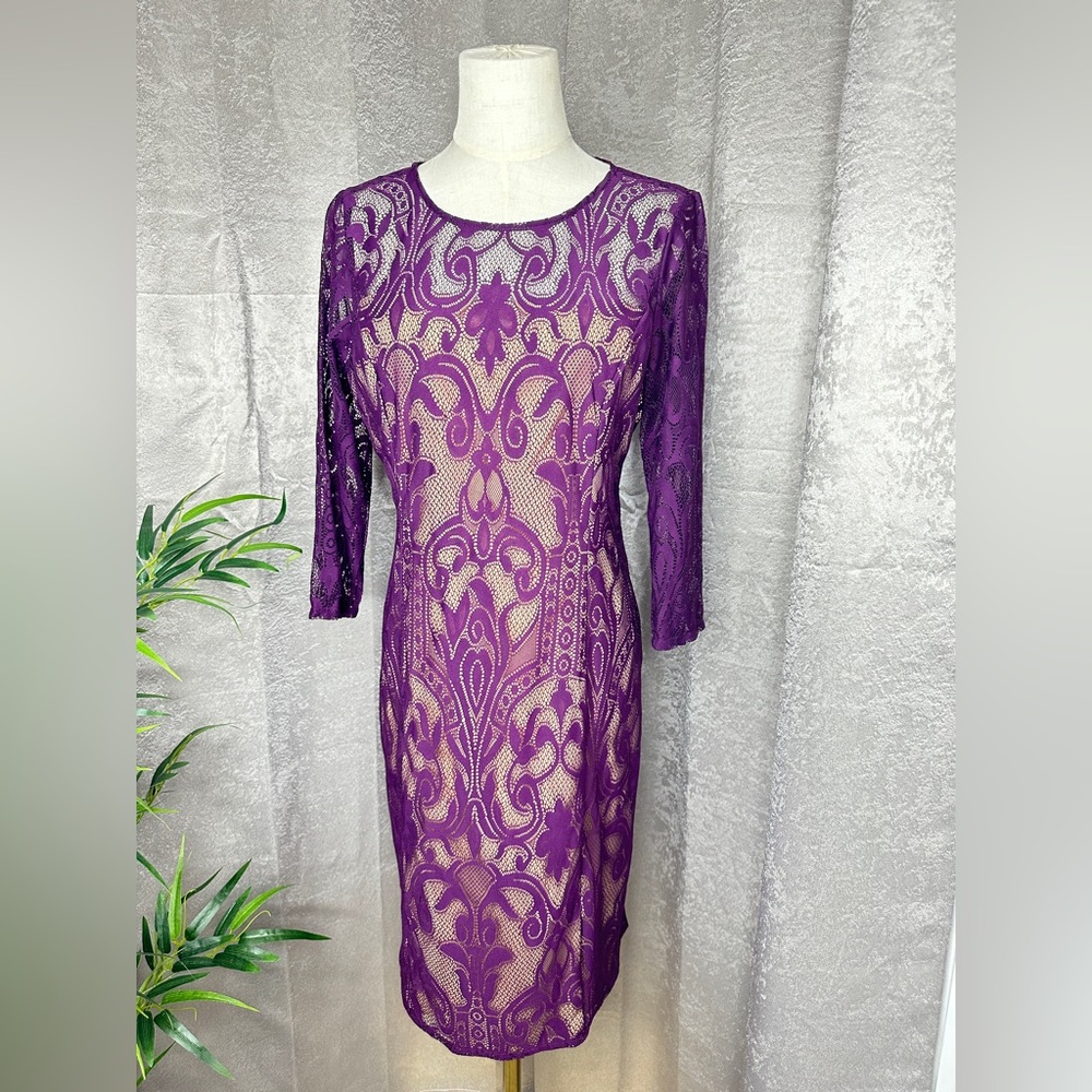 Adrianna Papell Long Sleeve Bardot Lace Sheath Midi Dress Purple Sz 12P